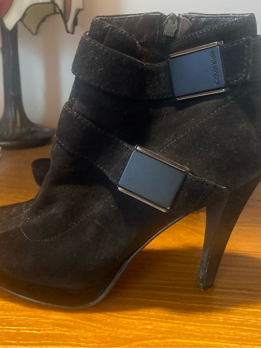 Calvin Klein Black Suede Ankle Booties with Decorative Buckles